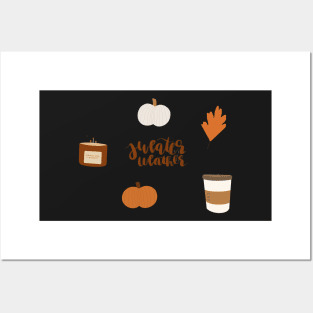 fall illustration pack with pumpkins, coffee, and leaves for autumn Posters and Art